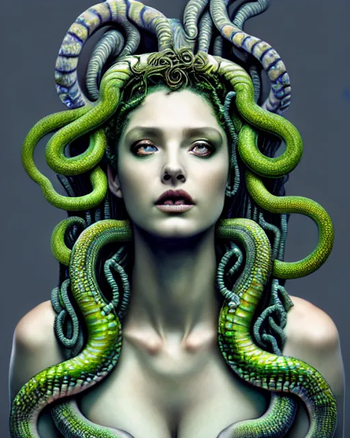 Prompt: hyperrealistic mixed media painting of beautiful Medusa, green scaley serpents in her hair, pale grey stony skin, devious expression, full body, stunning 3d render inspired art by P. Craig Russell and Barry Windsor-Smith + perfect facial symmetry + dim volumetric lighting, 8k octane beautifully detailed render, post-processing, extremely hyperdetailed, intricate, epic composition, grim yet sparkling atmosphere, cinematic lighting + masterpiece, trending on artstation, very very detailed, masterpiece, stunning