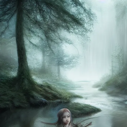 Prompt: forest child in a river, leesha hannigan, ross tran, fantasy, light, highly detailed faces, artwork, fog, forest