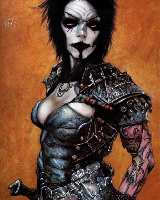 Image similar to portrait of a skinny punk goth sorceror wearing armor by frank fazetta, fantasy, barbarian, hardcore