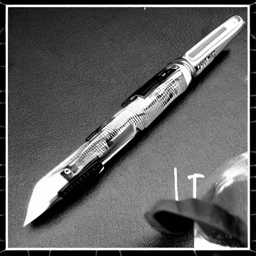 Prompt: a photo of an ink pen that is also knife by junji ito, h 4 d - 3 1 lens 8 0. 0 mm f / 2. 8 1 / 6 0 s iso 1 0 0