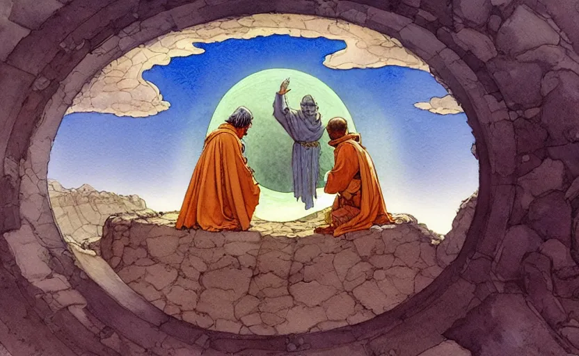 Image similar to a hyperrealist watercolour concept art of a large circular dimensional portal in the sky. a medieval monk in grey robes is kneeling in prayer below it on a desert road. by rebecca guay, michael kaluta, charles vess and jean moebius giraud. high detail, hq, wide shot