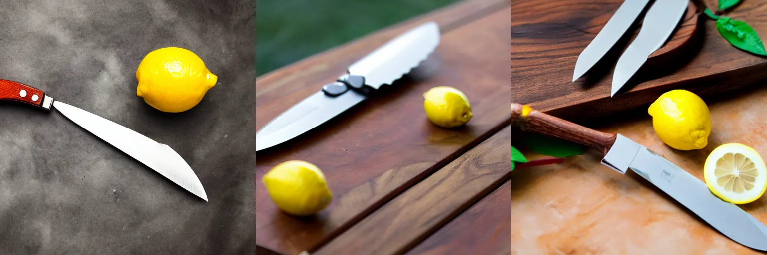 Prompt: a lemon wearing sunglasses on a cutting board next to a knife, close up dslr