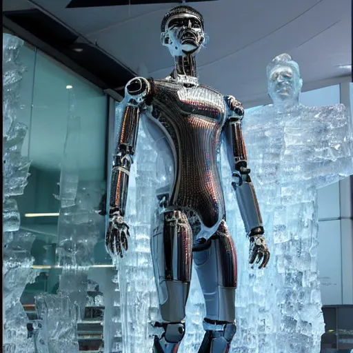 Image similar to made of ice, a realistic detailed photo of a guy who is an attractive humanoid who is half robot and half humanoid, who is a male android, on display, blank stare, showing off his muscles, shiny skin, posing like a statue, by the pool, frozen ice statue, f 1 driver max verstappen, humanoid robot