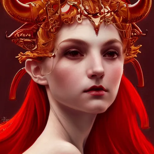 Image similar to Portrait of beautiful pale demon girl with horns, red lighting, intricate, elegant, highly detailed, digital painting, artstation, smooth, sharp focus, illustration, art by artgerm and greg rutkowski and alphonse mucha and Wayne Barlowe and william-adolphe bouguereau