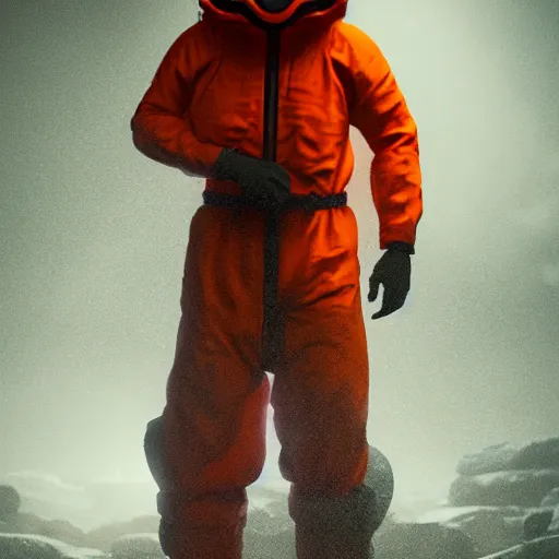 Image similar to hooden villain wearing a red oni mask, orange hazmat suit, dark background, unreal engine 5, ultra realistic, detailed, fog, volumetric lighting, by greg rutkowski,