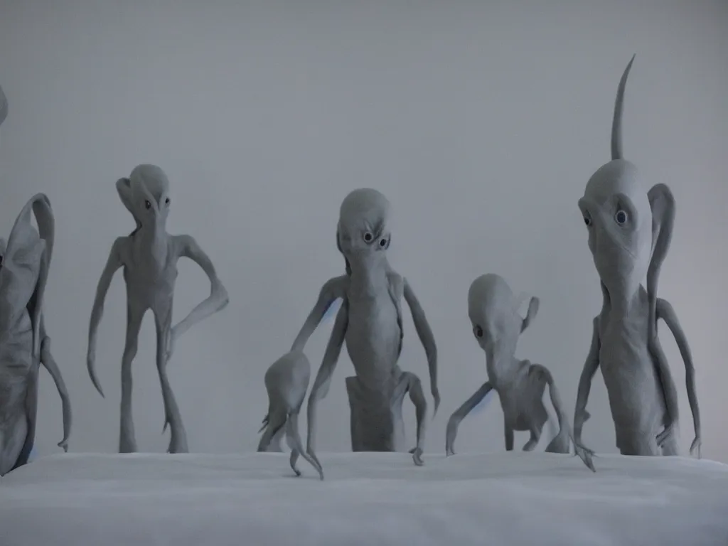 Prompt: three sinister grey aliens standing around my bed at night
