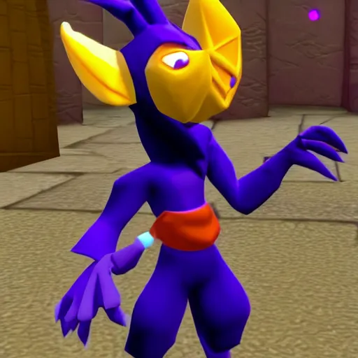 Image similar to screenshot of a cute humanoid golbin jester as an npc in spyro the dragon video game, with playstation 1 graphics, activision blizzard, upscaled to high resolution