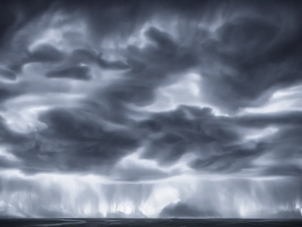 Prompt: dark super storm shot from the ground, hyper realistic clouds that resemble levitating large rocks. impressive, magical, very atmospheric, fog, cinematic, deep, very high complexity, stunning, dramatic masterpiece, iridescent, chiaroscuro, romantism, very detailed. 4 k