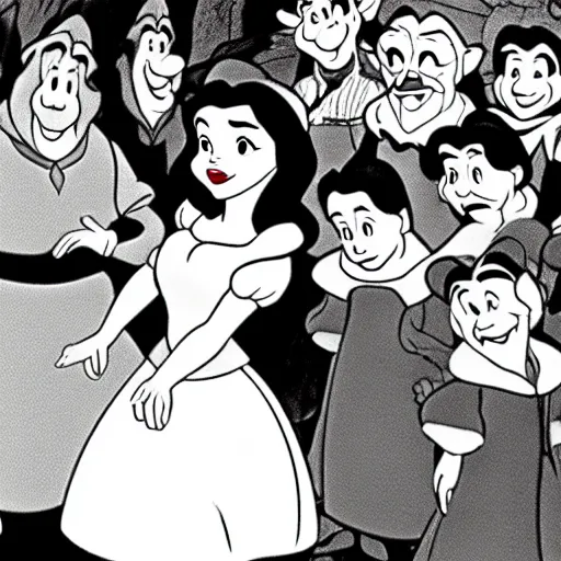 Image similar to close up of snow white and the 7 dwarfs, cinematographic shot, by walt disney cartoon