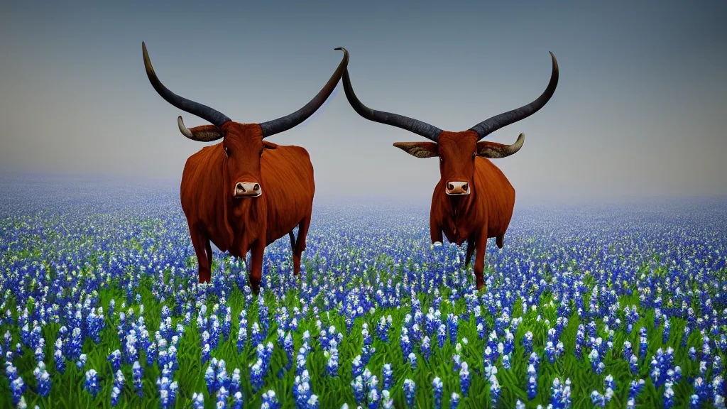 Prompt: award winning painting of a Texas longhorn standing in a field of bluebonnets early morning fog, digital art, insanely detailed, octane render, unreal engine