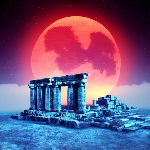 Image similar to ancient ruins in the moon, retrowave epic art, trending on art station