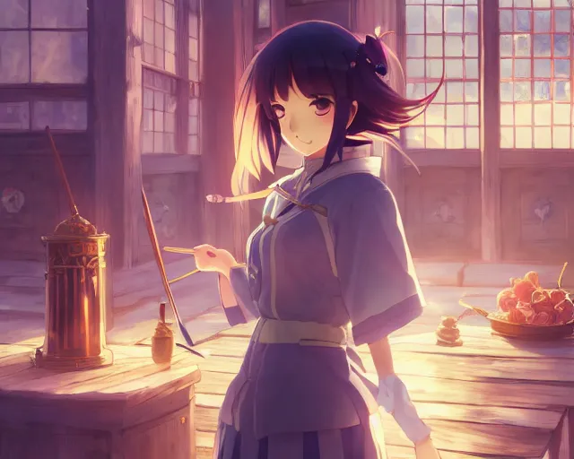 Prompt: anime visual, portrait of a young female knight in a alchemist's shop interior buying potions, cute face by yoh yoshinari, katsura masakazu, cinematic luts, cold studio lighting, dynamic pose, dynamic perspective, strong silhouette, anime cels, ilya kuvshinov, cel shaded, crisp and sharp, rounded eyes