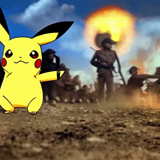 Prompt: ! pikachu! fighting stalin in ww 2 uniform and a mustache, fighting in world war 2, photorealistic, high detail, realistic, sharp focus, smooth edges, soldiers in the background, dramatic, sky on fire with dogfights in the sky. wide angle