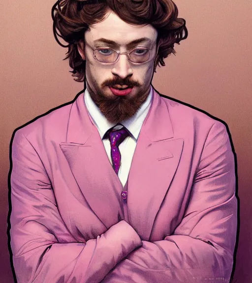 Image similar to Gigachad Sam Hyde in a pink luxurious suit, ready for battle, boxing stance, wearing candy cane boxing gloves, sigma male, buff, accurately portrayed, portrait art by alphonse mucha and greg rutkowski, highly detailed, digital painting, concept art, illustration, dim lighting with twilight rays of sunlight, trending on artstation, very detailed, smooth, sharp focus, octane render, close up