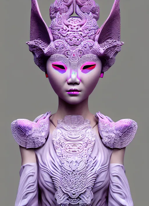 Prompt: 3 d goddess medium shot profile portrait. beautiful intricate highly detailed korean gumiho mask and traditional korean hanbok. stingray, magpie, bio luminescent, plasma, lava, ice, water, wind, creature, purple fog, artwork by tooth wu and wlop and beeple and greg rutkowski, trending on artstation,