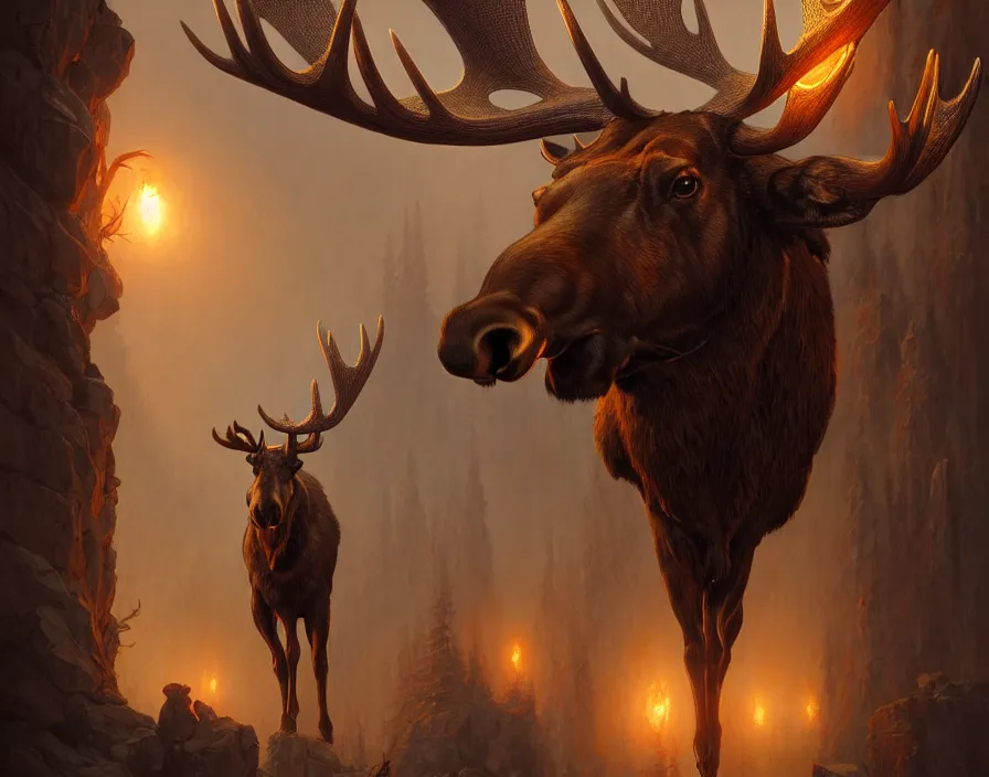 Image similar to spirit of the moose, intricate, d & d, fantasy, art nouveau, digital painting, trending on artstation, sharp focus, illustration, global illumination, ray tracing, art by artgerm and greg rutkowski and ruan jia