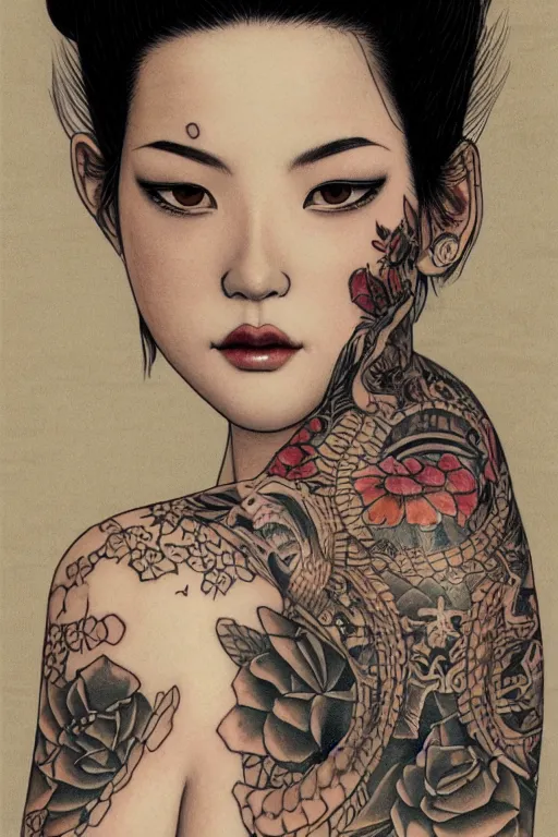 Image similar to portrait of yakuza girl with tattoo, highly detailed, artstation, illustration, art by Gustav Klimt