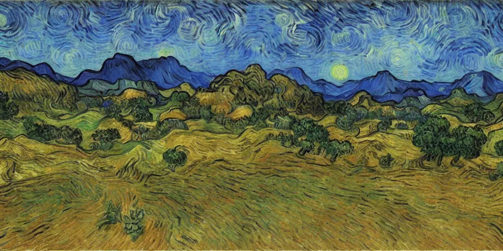 Prompt: A landscape painting of Morrowind\'s Vvardenfell district by Van Gogh (1884)