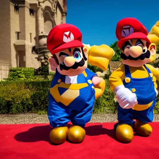 Image similar to Ultra HD photo of a Wario-themed wedding, bride and groom dressed as Wario and Waliuigi, all guests dressed up as Mario characters, award winning wedding photography, 8k resolution, extremely realistic