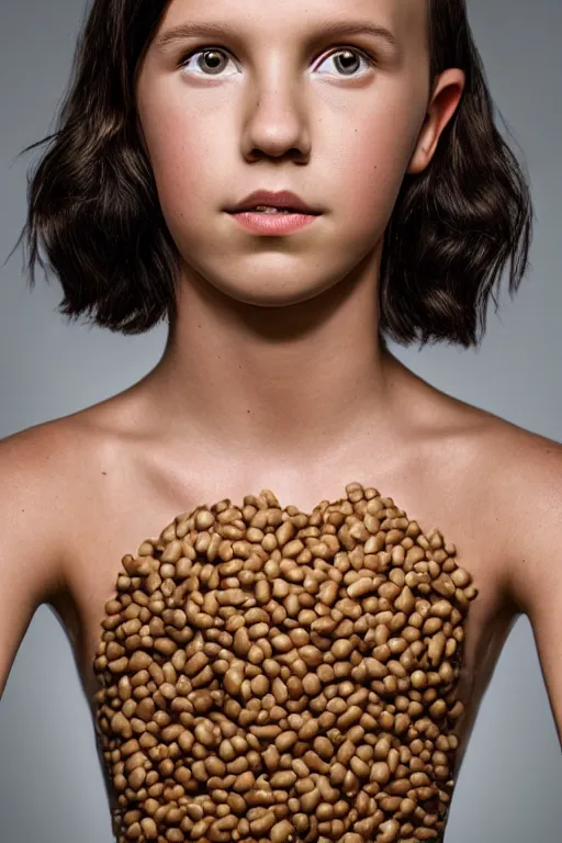 Image similar to millie bobby brown made out of beans, portrait photography