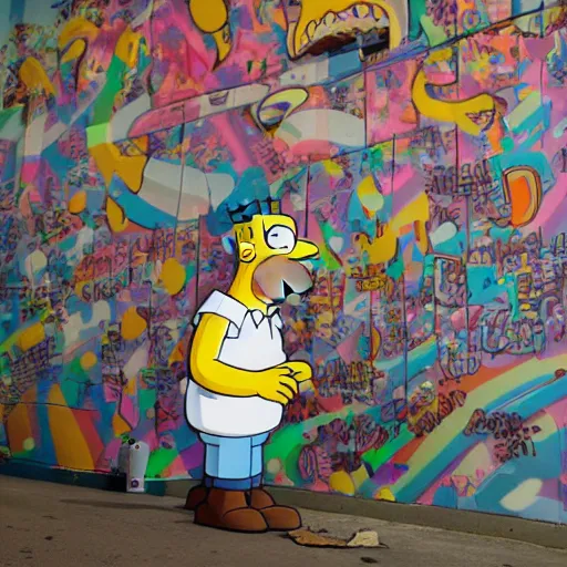 Prompt: A mixed media painting of graffiti wall of Homer Simpson, by Beeple, kawaii, post-processing, low angle, masterpiece, cinematic, isometric, volumetric lighting