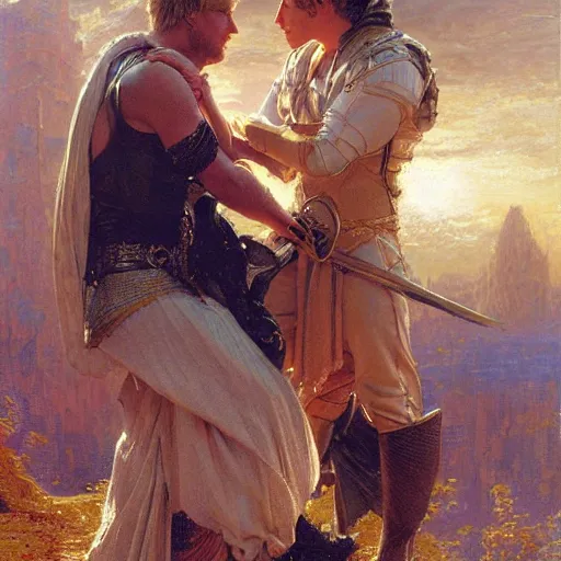 Image similar to attractive male, arthur pendragon who has blond hair confesses his love to attractive male, merlin who has dark hair. highly detailed painting by gaston bussiere, craig mullins, j. c. leyendecker 8 k