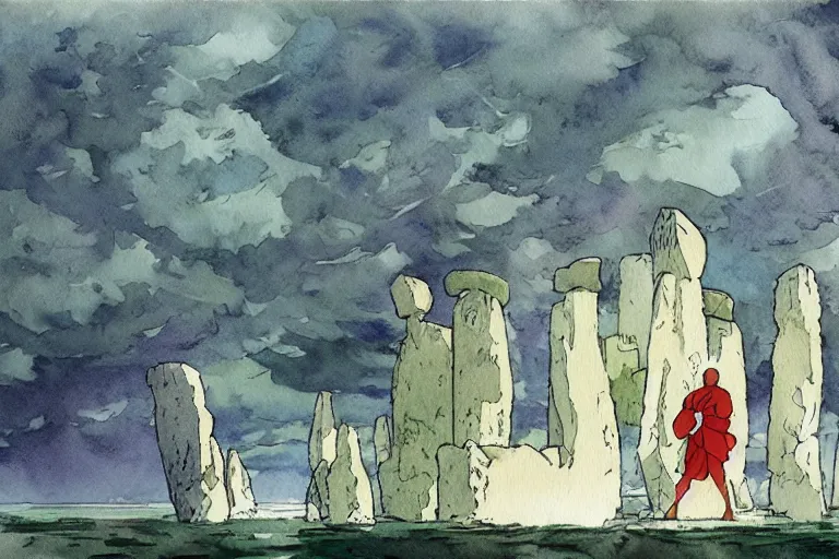 Image similar to a hyperrealist studio ghibli watercolor fantasy concept art. in the foreground is a giant monk in a grey robe lifting a stone. in the background is stonehenge. the scene is underwater on the sea floor. by rebecca guay, michael kaluta, charles vess