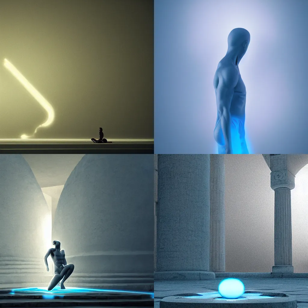 Prompt: An abstract being made of floating atoms with a light blue glow, taking a shape of a human figure in an ancient Greek temple, artstation, cgsociety, 4k