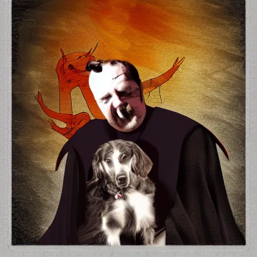 Image similar to the dark Lord petting his dog, Digital art,