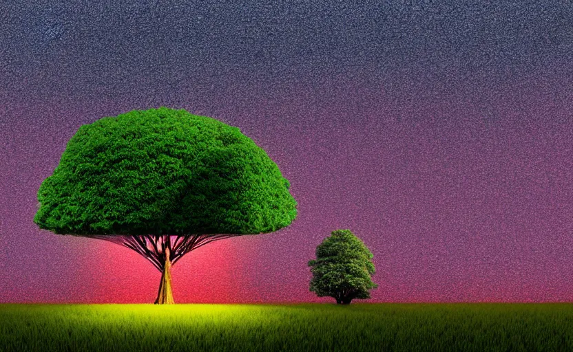 Image similar to one single stand alone huge hyperdetailed minimalist tree, seen from the long distance, at night. in a wood made of paper and plastics. maximalist unexpected elements. free sky in plain natural warm tones. 8 x 1 6 k hd mixed media 3 d collage in the style of a childrenbook illustration in pastel tones. matte matte background. no frame hd