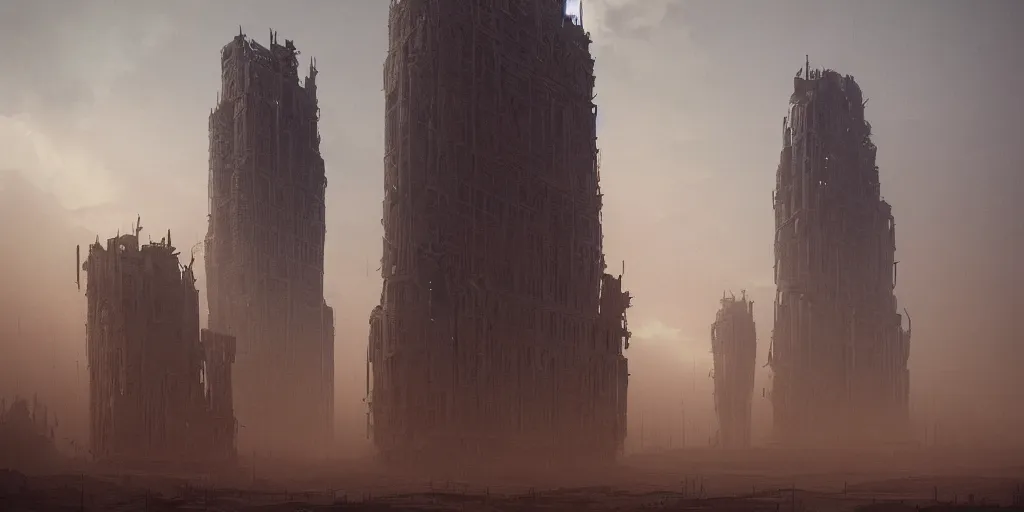 Image similar to tower!!!!!!!!, towers!!!!!!!!, derelict, tall, ancient, atmospheric, beautiful, concept art, desert, civilisation, artstation, hazy, matte painting, highly detailed, volumetric lighting, rays, moody, golden hour, dawn, octane render, digital art, global illumination, city, burning