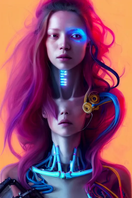 Prompt: a half body image of a beautiful young 28th century super cool post-human female wiht long colorful hair, barely human and largely biomechanical machine, hyper-realistic cyberpunk style, designs by Peter Mohrbacher Takayuki Takeya moody, face by Yanjun Cheng, Irakli Nadar, models by 500px, dramatic cinematic lighting rendered by octane, 8k, detailed, intricate, clean and textures, trending on artstation, deviantart google images, pinterest