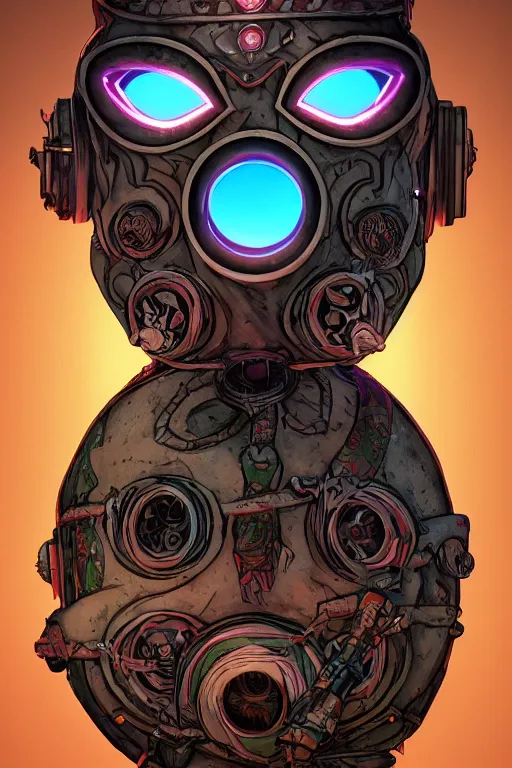 Image similar to tribal vodoo mask eye radiating a glowing aura global illumination ray tracing hdr fanart arstation by ian pesty and katarzyna da „ bek - chmiel that looks like it is from borderlands and by feng zhu and loish and laurie greasley, victo ngai, andreas rocha, john harris wooly hair cut feather stone