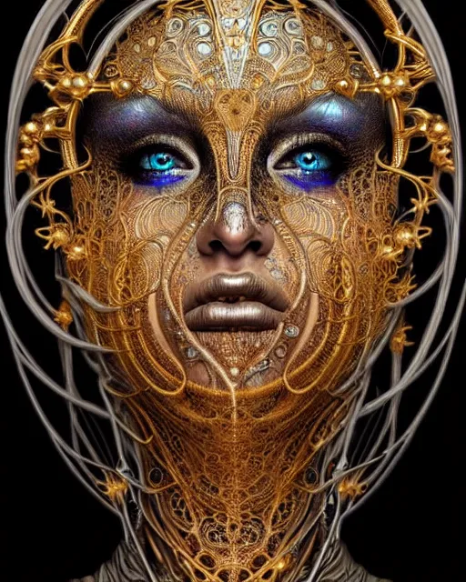 Image similar to hyperrealistic detailed portrait of a beautiful dark goddess in an intricate golden ornamental ritual mask, intricate cyberpunk make - up, insane details, art by ernst haeckel, nekro borja, android jones, alphonso mucha, gothic - cyberpunk, ornamental, beautiful deep colours,