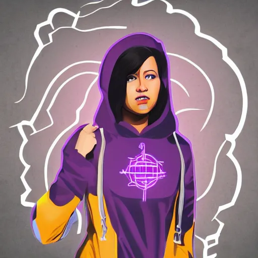 Image similar to poster artwork, sci fi, a female, full body, black hoodie techie, black hair with purple streaks, 8 k