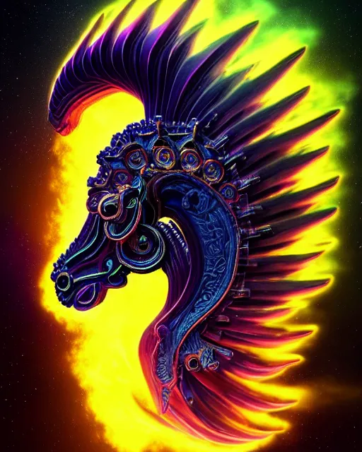 Image similar to 3 d ornate carved dark cosmic horse with profile portrait, sigma 5 0 0 mm f / 5. beautiful intricate highly detailed quetzalcoatl skull. bioluminescent, plasma, lava, ice, water, creature, thunderstorm! artwork by tooth wu and wlop and beeple and greg rutkowski, 8 k trending on artstation