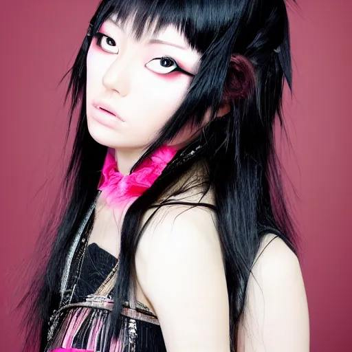 Image similar to professional upper body photograph of female japanese model in emo makeup, long hair, fringe. pretty and detailed eyes