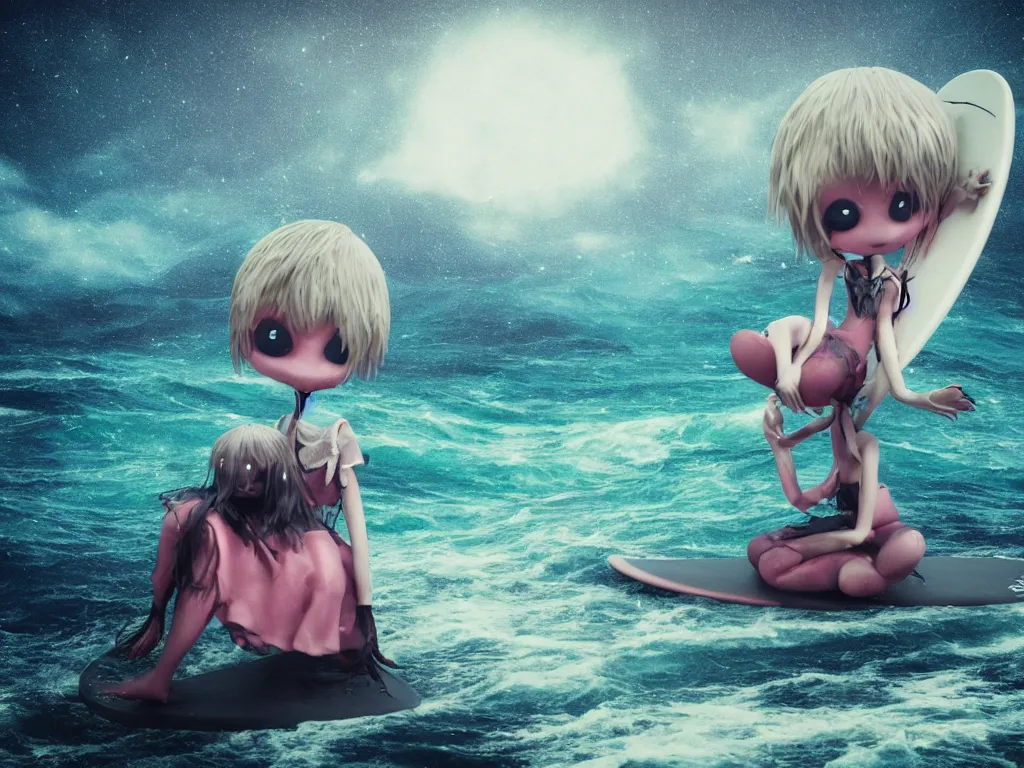Prompt: cute fumo plush gothic maiden alien girl sitting on a surfboard in the waves of the dark galactic abyss, tattered ragged dress, ocean waves and reflective splashing water, vignette, vray