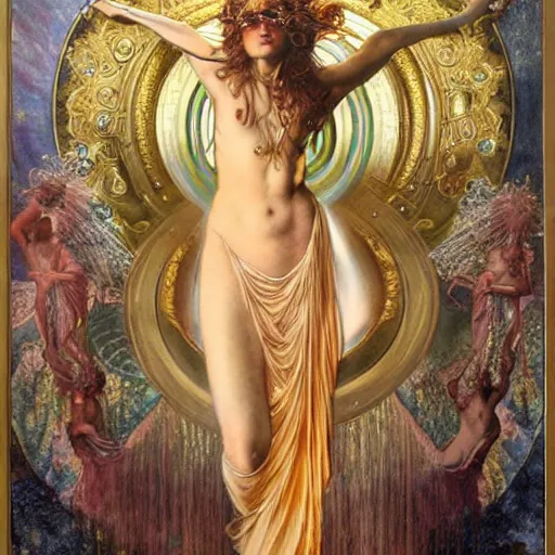 Prompt: hyper realistic painting of aphrodite, gold ornaments, flowing fabric, intrincate detail, detailed faces by wayne barlowe, gustav moreau, goward, gaston bussiere and roberto ferri, santiago caruso, and austin osman spare, ( ( ( ( occult art ) ) ) ) bouguereau, alphonse mucha, saturno butto,