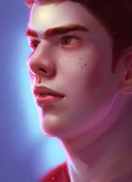 Image similar to portrait of teenage archie andrews, freckles, intricate, elegant, glowing lights, highly detailed, digital painting, artstation, concept art, smooth, sharp focus, illustration, art by wlop, mars ravelo and greg rutkowski