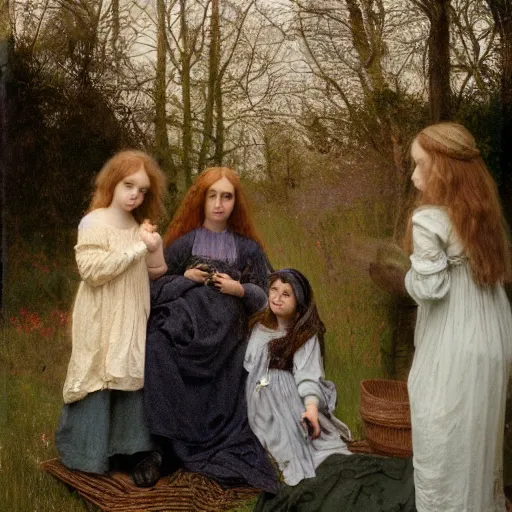 Prompt: painting of a pre - raphaelite family surrounded by clothes, 5 0 mm lens, f 1. 4, sharp focus, ethereal, emotionally evoking, head in focus, volumetric lighting, blur dreamy outdoor,