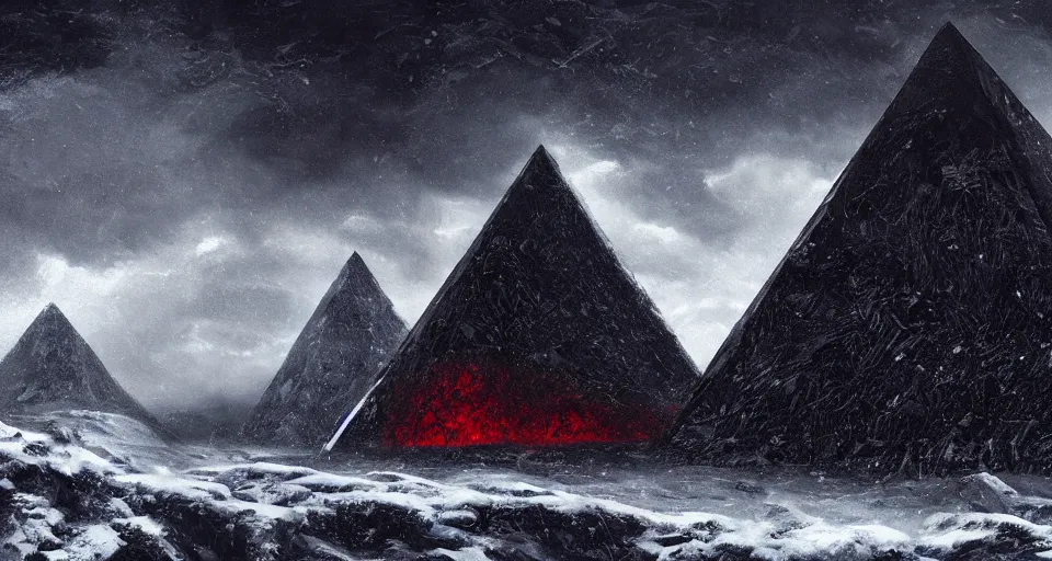 Prompt: black lovecraftian eldritch!! obsidian pyramid!! on a snowy mountain, being found by explorers, snowy, windy, by eugene von guerard, ivan shishkin, night, red lightning!!, storm!, dramatic lighting, concept art, trending on artstation, 8 k