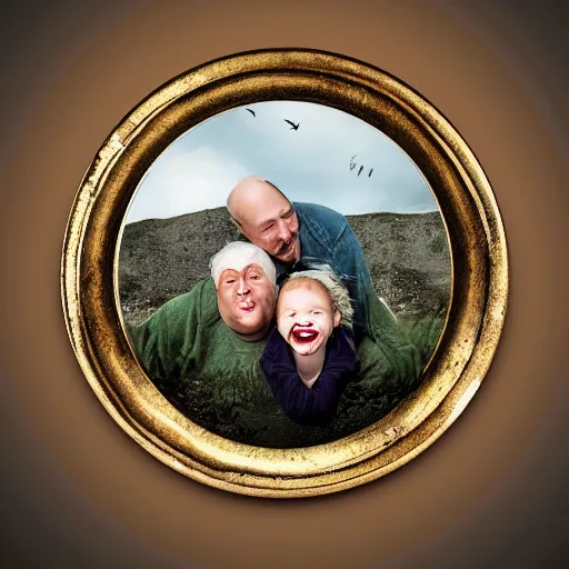 Image similar to family portrait studio of ugly family big rond eyes bad rotten teeth and smile, horrible scary family laughter by Chris Cunningham, mountain landscape background,, very detailed, grainy image