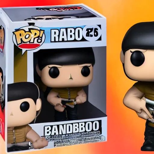 Image similar to a Funko Pop collectible of Rambo. headband. holding in one handautomatic rifle