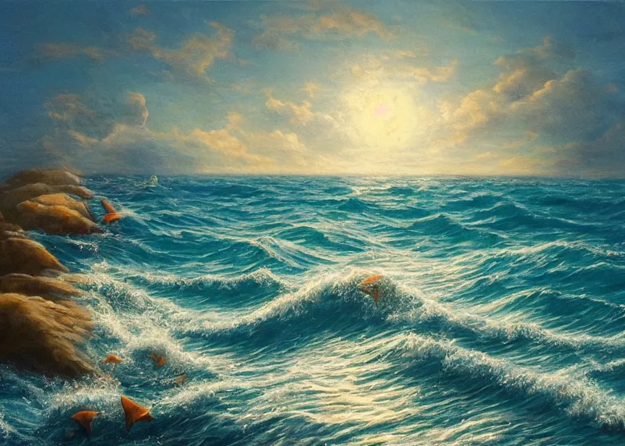 Image similar to beautiful ocean in moonlight, dolphins jumping out of the water, oil painting