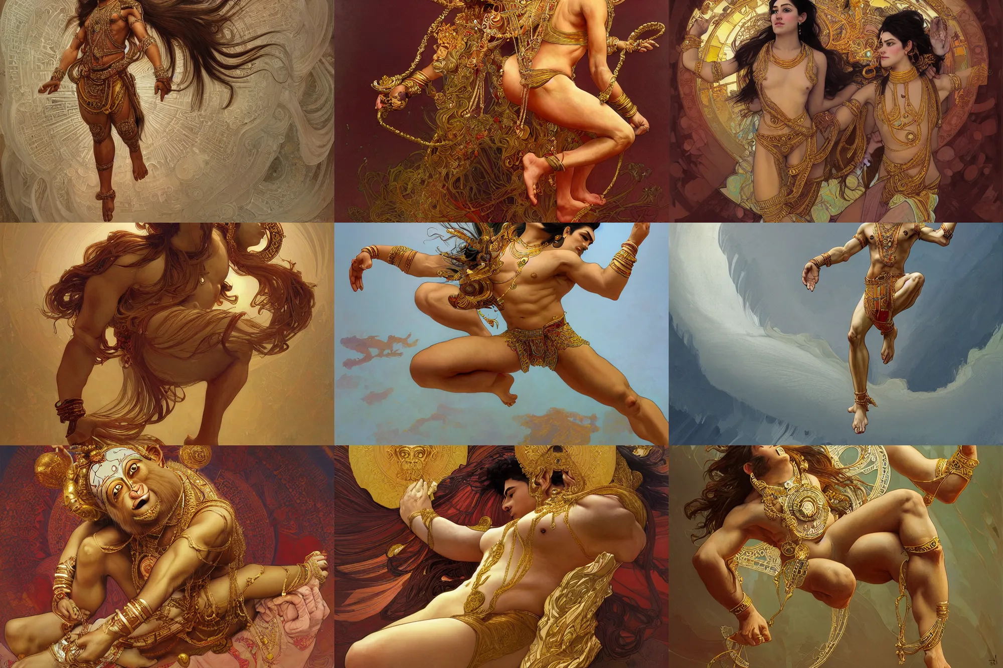 Prompt: horizontally oriented award winning full body portrait of a beautiful ornated hanuman god, horizontally leaping!!!, completely!!! stretched!!! intricate, elegant, highly detailed, digital painting, artstation, concept art, smooth, sharp focus, digital illustration, art by krenz cushart and artem demura and alphonse mucha