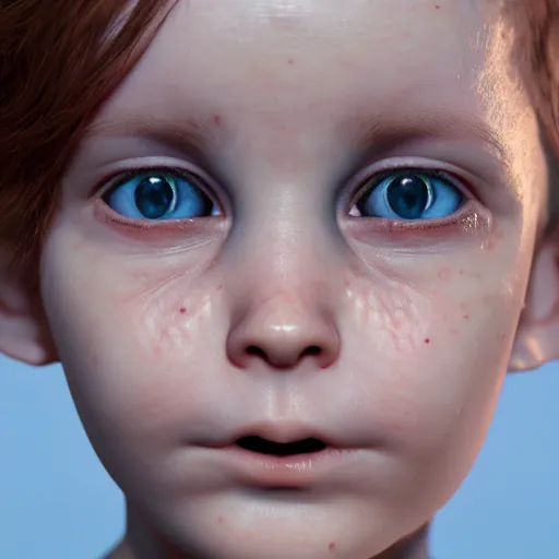 Image similar to hyperrealistic baby big blue eyes thin auburn hair big cheeks, stunning 3 d render inspired by istvan sandorfi & greg rutkowski & mike judge, perfect symmetry, dim volumetric cinematic lighting, 8 k octane comprehensive render, extremely mega hyper - detailed and lifelike attributes & atmosphere, intricate, realistic flesh texture, masterpiece, artstation, stunning,