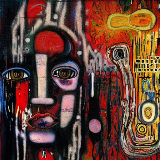 Prompt: beautiful sunrise oil painting by klimt and graffiti by Jean-Michel Basquiat in airbrush by H.R. Giger