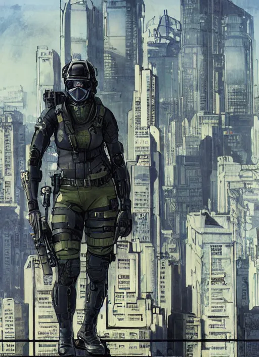 Image similar to Sonya. USN special forces operator looking at city skyline. Agent wearing Futuristic stealth suit. rb6s, MGS, and splinter cell Concept art by James Gurney, Alphonso Mucha.