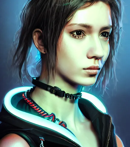 Image similar to detailed realistic female character cyberpunk wearing thick technological collar around neck, realistic, art, beautiful, 4K, collar, choker, collar around neck, punk, artstation, detailed, female, woman, choker, cyberpunk, neon, punk, collar, choker, collar around neck, thick collar, tight around neck, punk,